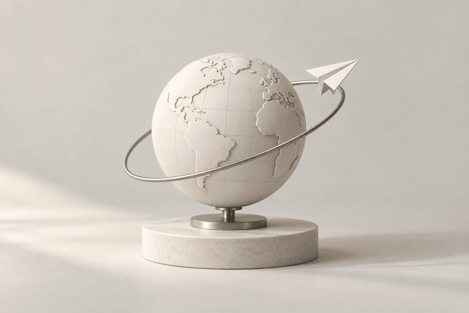 A sculptural globe with an orbiting paper airplane